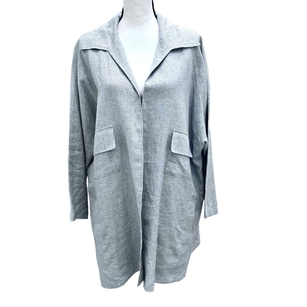 SHAMASK GRAY & WHITE PLAID LINEN OPEN JACKET BLAZER